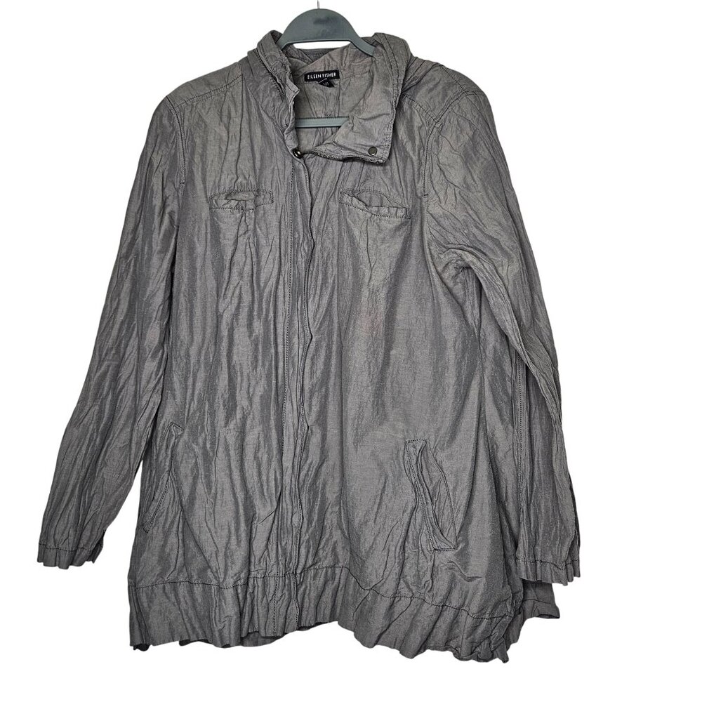 Eileen Fisher Lightweight Gray‎ Crinkle Hooded Jacket Organic Cotton Blend L